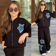 Aykidsclup Kız Çocuk Kot Yıldız Detaylı Şardonlu Fermuarlı Sweatshirt ve Bol Paça Eşofman Takımı 43183 S-