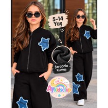 Aykidsclup Kız Çocuk Kot Yıldız Detaylı Şardonlu Fermuarlı Sweatshirt ve Bol Paça Eşofman Takımı 43183 S-