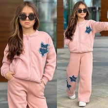 Aykidsclup Kız Çocuk Kot Yıldız Detaylı Şardonlu Fermuarlı Sweatshirt ve Bol Paça Eşofman Takımı 43183 P-