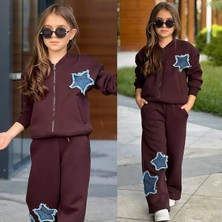 Aykidsclup Kız Çocuk Kot Yıldız Detaylı Şardonlu Fermuarlı Sweatshirt ve Bol Paça Eşofman Takımı 43183 K-