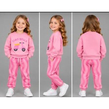 Aykidsclup Kız Çocuk 3 Iplik Şardonlu Baskılı Sweatshirt ve Dalgalı Çizgili Eşofman Takımı – 2 Parça 0910-P