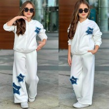 Aykidsclup Kız Çocuk Kot Yıldız Detaylı Şardonlu Fermuarlı Sweatshirt ve Bol Paça Eşofman Takımı 43183 -