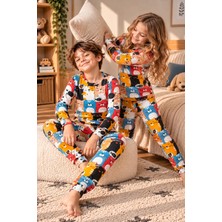 Free Beka Sevimli Desenli Bisiklet Yaka %100 Pamuklu İnterlok Kumaş Kız Ve Erkek Çocuk Uzun Kollu Pijama Takımı