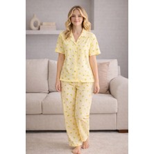 Free Beka Kadın Önden Düğmeli Devrik Yaka Kısa Kol Uzun Pantolon Desenli Pijama Takımı