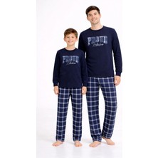 Free Beka Erkek Lacivert Ekose Desenli Uzun Kollu Baba-Oğul Polar Kumaş Kışlık Kalın Pijama Takımı