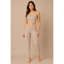 Nymora Kadın Pedli Fitilli Crop Yüksek Bel Tayt Spor Takımı Taş