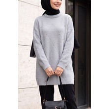 Moda Morfo Önü Taş Detaylı Sakallı Salaş Triko Tunik -Gri