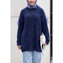 Moda Morfo Önü Taş Detaylı Sakallı Salaş Triko Tunik -Lacivert