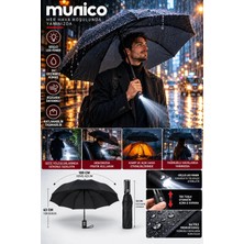 Munico Unisex Otomatik Şemsiye LED Fenerli Siyah Su Itici Kumaş Rüzgara Dayanıklı Kompakt Yağmur