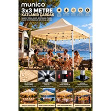 Munico 3x3 Katlanabilir Bahçe Çardağı 420D Su Geçirmez Kumaş Ayarlanabilir Yükseklik Metal Gövdeli Bej