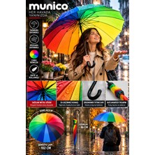 Munico Çok Renkli Gökkuşağı Şemsiye 102 cm Büyük Boy Su Itici Kumaş Sağlam Metal Gövdeli Ergonomik