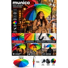 Munico Unisex Gökkuşağı Şemsiye Canlı Renkli 102 cm Geniş Yağmura Dayanıklı Ergonomik Kavisli Tutma