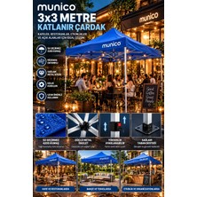 Munico 3x3 Katlanabilir Çardak Tente 9 M² Mavi Su Geçirmez Kumaş Sağlam Metal Gövdeli Bahçe Gölgelik