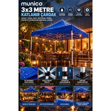 Munico 3x3 Metre Katlanabilir Gölgelik Çardak Sağlam Metal Iskelet Su Geçirmez 420D Kumaş Mavi