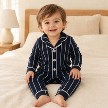 Dolaş Kids Lacivert Çizgili Uzun Kollu Düğmeli Çocuk Pijama Takımı