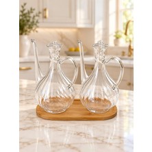 Borosilikat Cam Glorry Yağlık ve Sirkelik Seti 700 ml +700 ml Bambu Standlı Çizgili Tasarım