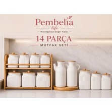 Pembelia Life 14 Parça Porselen Bambu Standlı 2li Çizgili Yağdanlık,3’lü Kavanoz,7li Standlı Baharatlık Takım