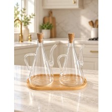 Borosilikat Cam Bambu Standlı 2'li Glazzy Yağlık Set  500 ML+500 ml