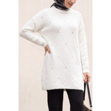 Moda Morfo Önü Taş Detaylı Sakallı Salaş Triko Tunik -Beyaz