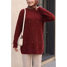 Moda Morfo Önü Taş Detaylı Sakallı Salaş Triko Tunik -Bordo