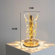 Nemere Kristal LED Masa Lambası - Açık Silindirik Altın Toz Model, Gold Taban, Dokunmatik, Şarjlı, 3 Renk