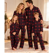 Free Beka Ekose Desenli Kırmızı Uzun Kollu Önden Düğmeli Gömlek Yaka Aile Pijama Takımı Kombini