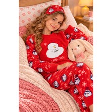 Free Beka Kız Çocuk Yılbaşı Desenli Yumuşak Kalın Kışlık Aplike Nakışlı Polar Pijama Takımı Ve Göz Bandı Sıcak Tutan