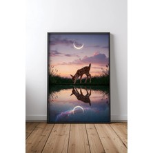 Fawn Drinking Twilight Yansıması Çerçeveli Tablo Poster Salon Duvar Dekoru Hediye