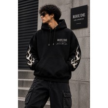 BarsDepo Siyah Alev Kollu Kapüşonlu Sweatshirt %100 Pamuk Şardonlu