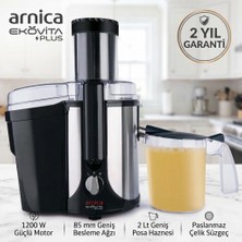 Arnica Ekovita Plus Katı Meyve Sıkacağı 1200W 2 Lt Paslanmaz Çelik Geniş Besleme Ağızlı Meyve ve Sebze Sıkma Makinesi + Onerouse Tartı Makinesi Hediye