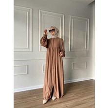 Berel Moda Tesettür Elbise Ferace Camel Ponçik Roba Detaylı Balon Kollu Dökümlü