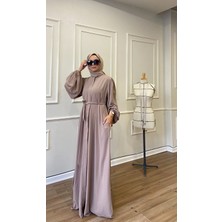 Berel Moda Tesettür Elbise Ferace Bej Lina Balon Kol Gizli Fermuarlı Cepli Kemerli