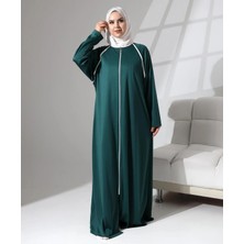 Berel Moda Namaz Feracesi Yeşil Boydan Fermuarlı Biyeli Oversize Denye Günlük Kullanıma Uygun