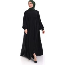 Berel Moda Tesettür Elbise Ferace Siyah Ponçik Roba Detaylı Balon Kollu Dökümlü