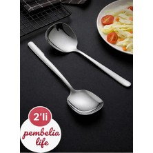 Pembelia Life 2 Adet Pratik 21 cm Paslanmaz Çelik Lüx Servis Salata Kaşığı Spatula-Çelik Yemek Servis Kaşığı