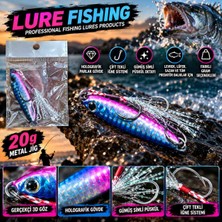 Lure Fishing 20 gr Holografik Metal Jig Sahte Balık Yemi – Mavi Pembe, Çift Iğneli, Gümüş Simli Püsküllü