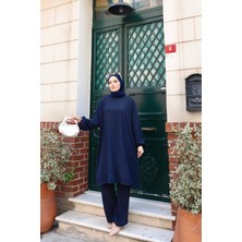 Berel Moda Tesettür Ikili Takım Lacivert Elif Giy Çık Oversize Yarasa Kol Tunik Pantolon