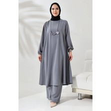 Berel Moda Tesettür Ikili Takım Gri Mevlana Tam Kloş Tunik Pantolon Ithal Aerobin