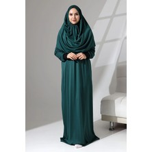 Berel Moda Namaz Elbisesi Yeşil Tek Parça Kendinden Başörtülü Manşeti Sandy Örme
