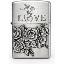Love Güllü Kabartmalı Metal Gazlı Çakmak - Çift Kalp Detaylı