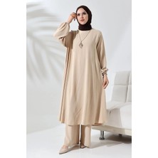 Berel Moda Tesettür Ikili Takım Krem Mevlana Tam Kloş Tunik Pantolon Ithal Aerobin