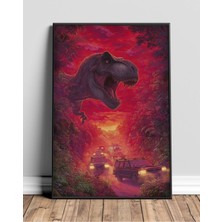 T-Rex Kırmızı Orman Retro Sinematik Çerçeveli Tablo Poster Salon Oda Duvar Dekoru Hediye