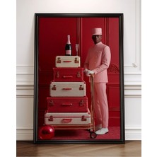 Otel Görevlisi Bavullar Pembe Kırmızı Sinematik Çerçeveli Tablo Poster Salon Oda Duvar Dekoru Hediye