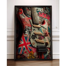 Elektro Gitar Ingiliz Bayrağı Grafiti Çerçeveli Tablo Müzik Poster Müzik Odası Duvar Dekoru Hediye