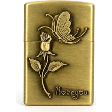 I Love You Kelebek & Gül Kabartmalı Antik Gold Gazlı Çakmak - Zippo Tarzı