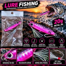 Lure Fishing 20 gr Holografik Metal Jig Sahte Balık Yemi – Pembe Gümüş, Çift Iğneli, Simli Püsküllü
