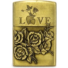 Love Güllü Kabartmalı Antik Gold Gazlı Çakmak - Zippo Tarzı