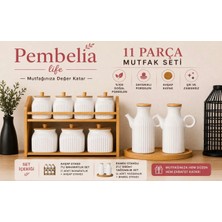 Pembelia Life Bambu Standlı 2’li Porselen Yağdanlık ve 7’li Standlı Baharatlık Seti Baharatlık Takımı