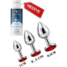 Aşkın Deposu Deromeya Health- Wq2 Tüm Dünyanın Tercih Ettiği Metal Mücevher Kırmızı Taşlı 3 'lü Anal Alıştırıcı Genişletici Açıcı Anal Plug Tıkaç Seti ve Süper Kayganlaştırıcı 1*50 ml Jel Hediyeli
