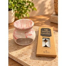 Badufa Home Mermer Desenli Seramik Buhurdanlık ve 10 Lu Tealight Mum /bej Turuncu